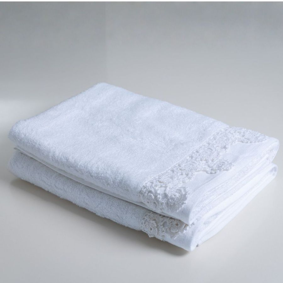 White Lace Detail Bamboo Bath Towels