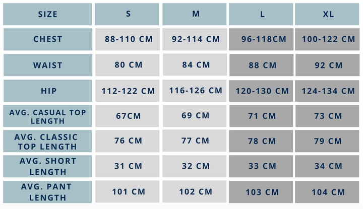 Baksana Mens Pyjama Sizechart